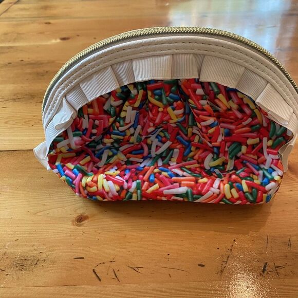 Betsy Johnson Rainbow Sprinkles Half Round Cosmetic Bag Coquette Feminine Ruffle - Picture 3 of 11